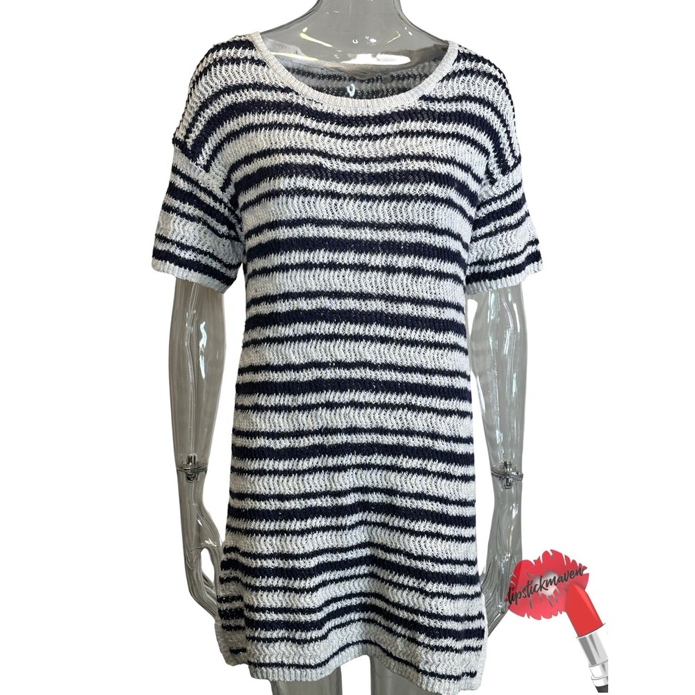 Soft Surroundings Cumulus Tunic Top Medium Blue White Knit Boho Costal Vacay NWT